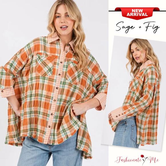 SAGE + FIG Side Slit Plaid Pattern Button Down Long Sleeves Shirt | Savanna - Picture 1 of 6